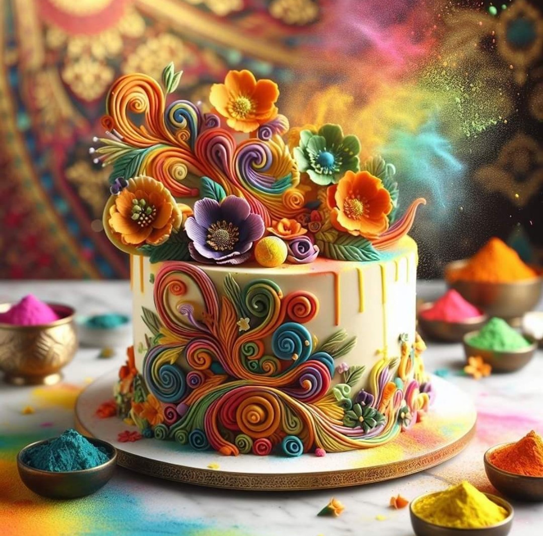 Colorful decorated cake with floral swirls and bowls of bright powder