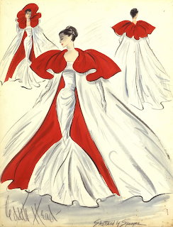 Vintage fashion sketch of elegant white gowns with bold red accents