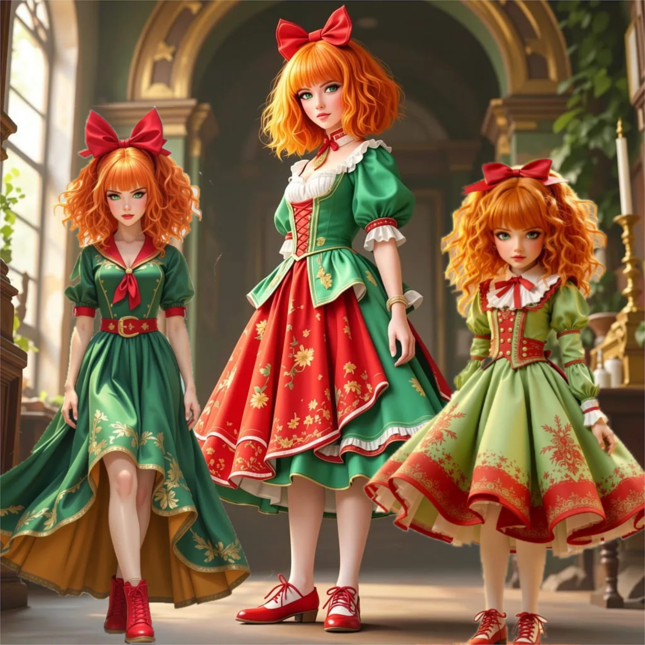 Three girls with red hair in elaborate green and red dresses with bows standing in a grand hallway