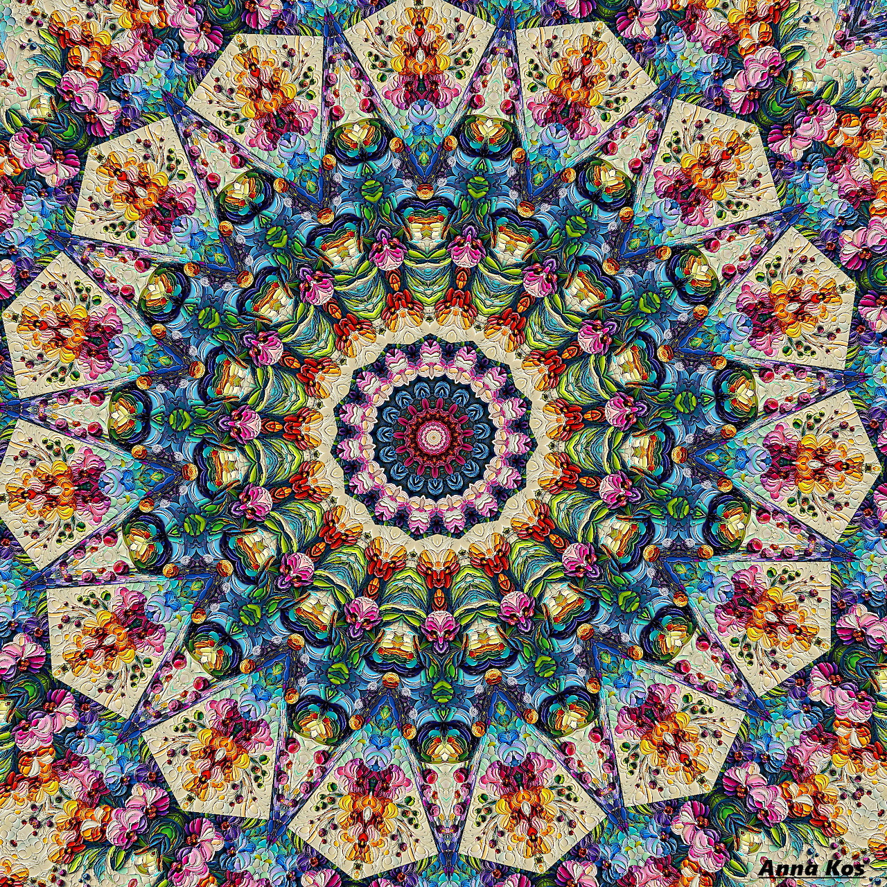 Vibrant circular mandala with intricate geometric patterns in rainbow colors radiating from purple center