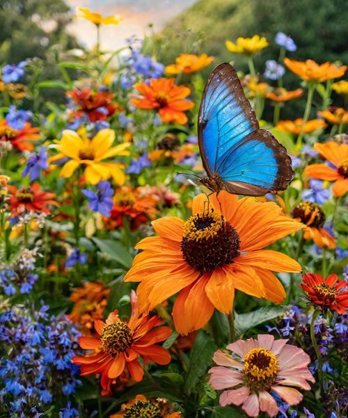 Blue butterfly resting on orange flowers in a colorful garden