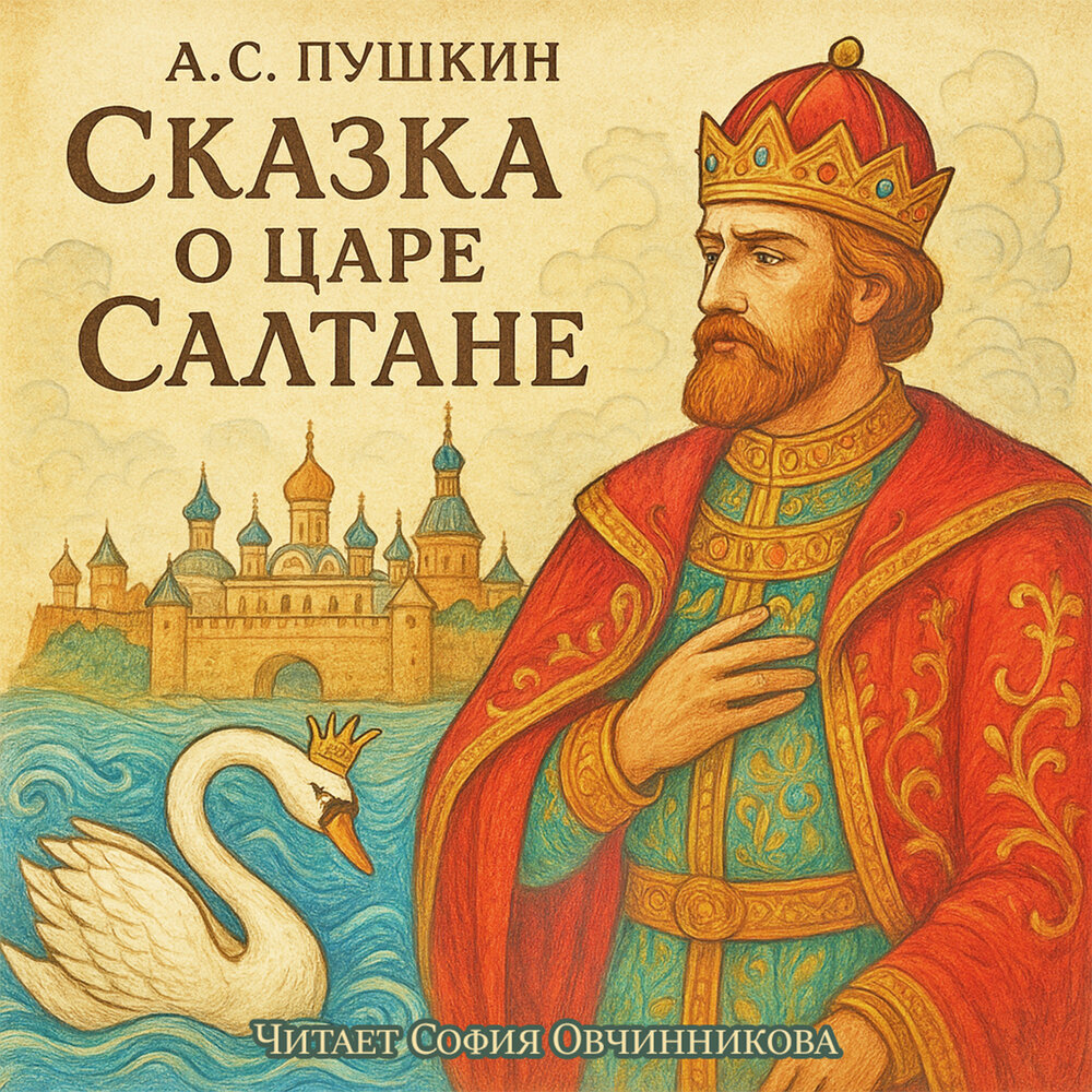 Illustrated cover with a crowned king, white swan, castle, and Russian text