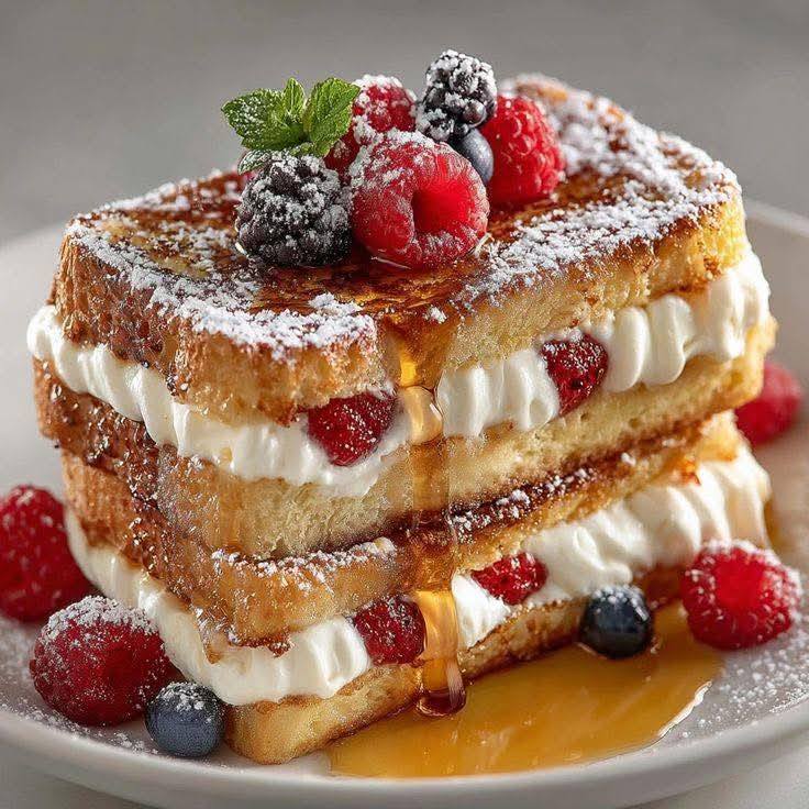 Stacked French toast with cream, raspberries, blueberries, and powdered sugar drizzled with syrup