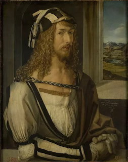 Renaissance painting of a man with long curly hair in white shirt and brown cloak beside an open window