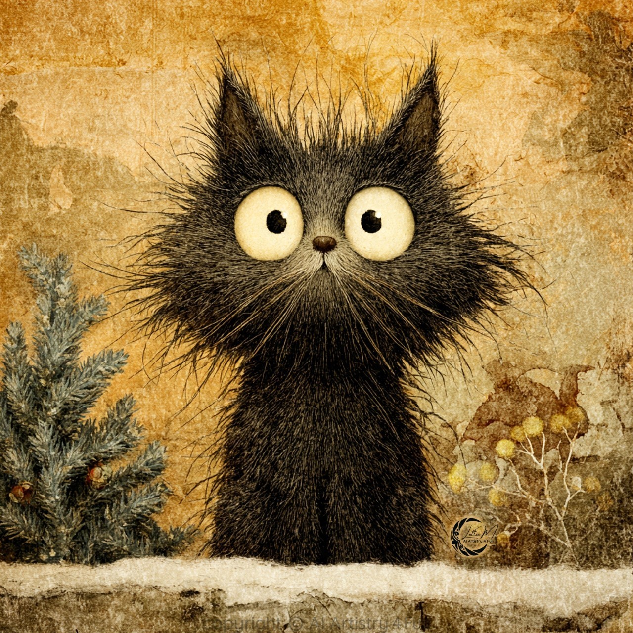 Fluffy black cat with large round eyes and spiky fur in illustration style on textured golden background