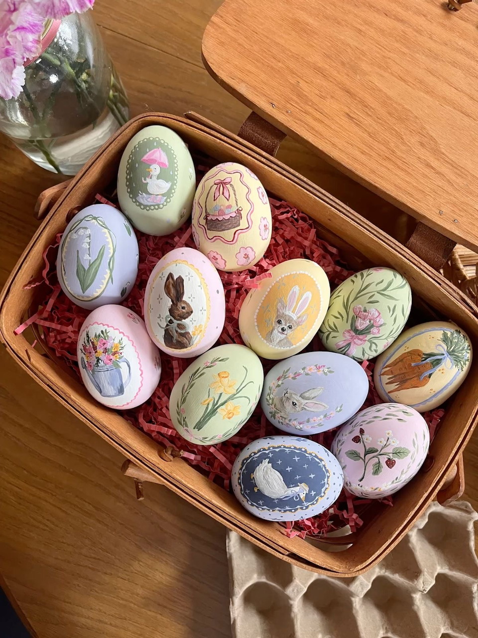 Decorated Easter eggs in a woven basket