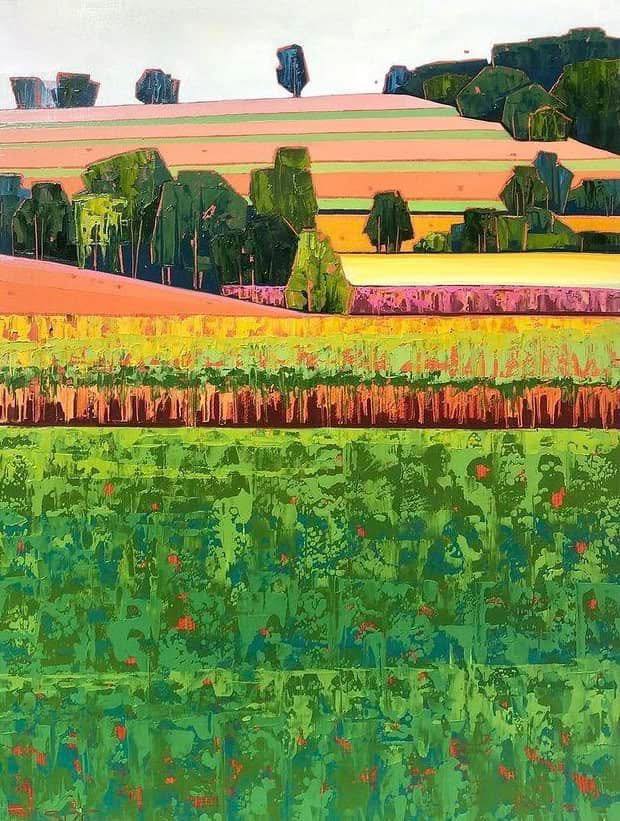 Colorful painting of layered farm fields with stylized trees and rolling hills in greens, yellows, and pinks