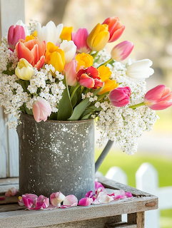 Vibrant spring tulips in pink, yellow, orange, and white with baby's breath in a vintage metal watering can