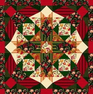 Christmas patchwork quilt with red, green, and white holiday fabric blocks