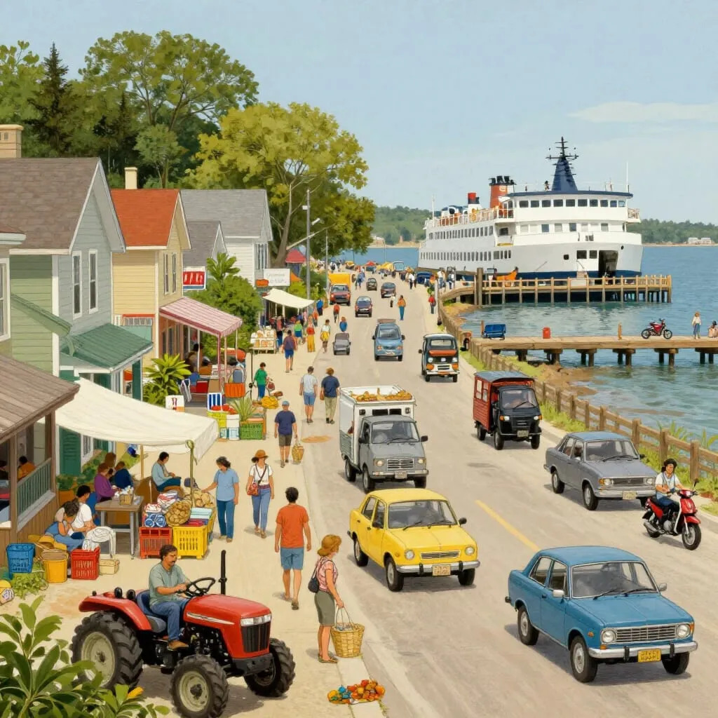 Coastal village street with shops, people, vehicles, and ferry at dock