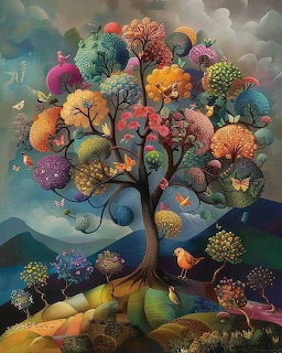 Whimsical colorful tree illustration with birds, butterflies, and layered hills