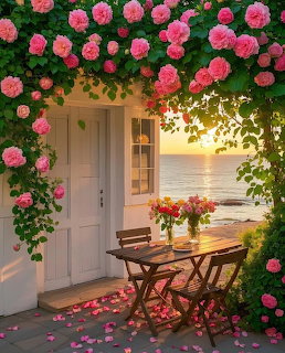 White cottage doorway covered in pink roses with a table set near the sea at sunset