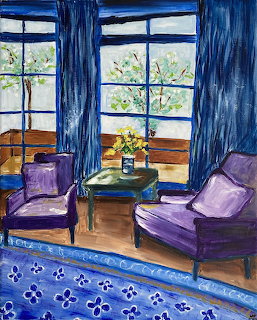 Painting of living room with purple chairs, blue patterned rug, windows with curtains and flower vase on table