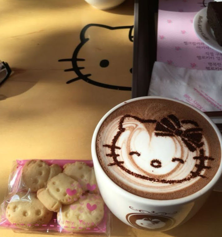 Latte in a white mug with Hello Kitty face drawn in milk foam