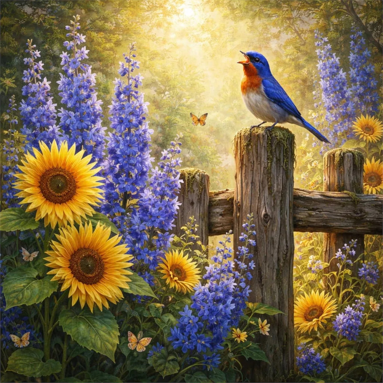 Bluebird on a wooden fence among sunflowers and purple flowers in a sunlit garden