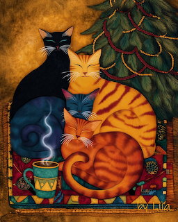 Folk art painting of black and orange cats near a Christmas tree
