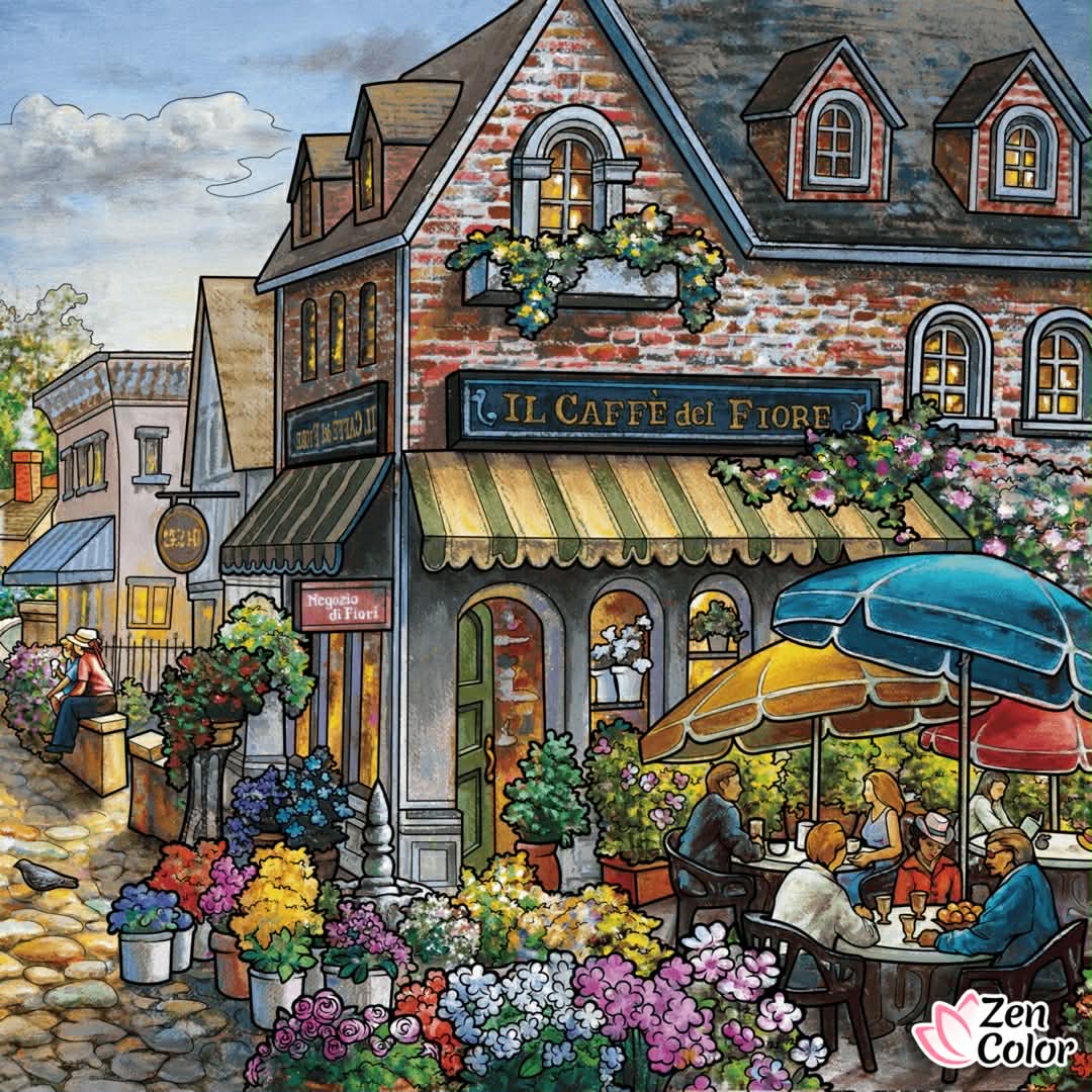 Painting of a quaint cafe with colorful flowers, outdoor tables, and people on a charming street