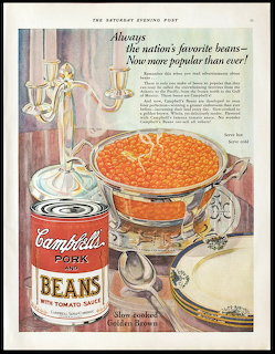 Vintage 1928 Campbell's Pork and Beans magazine advertisement with serving dish and can