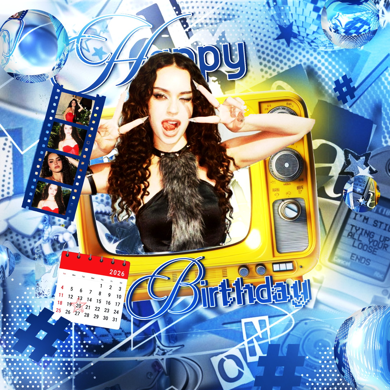 Birthday-themed digital collage of a young woman posing by a yellow retro television with blue decorative graphics