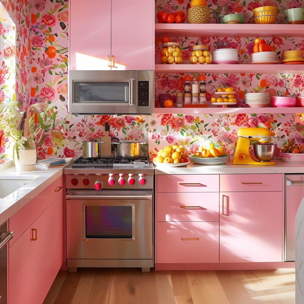 Bright pink kitchen with bold red and orange floral wallpaper, pink cabinets, and stainless appliances