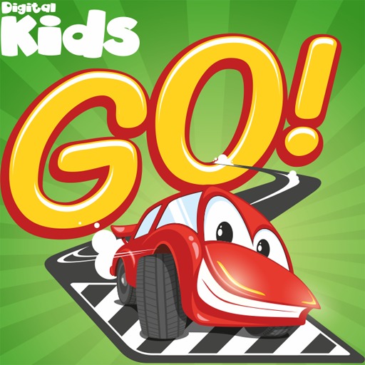 Smiling red cartoon race car with GO text on green background
