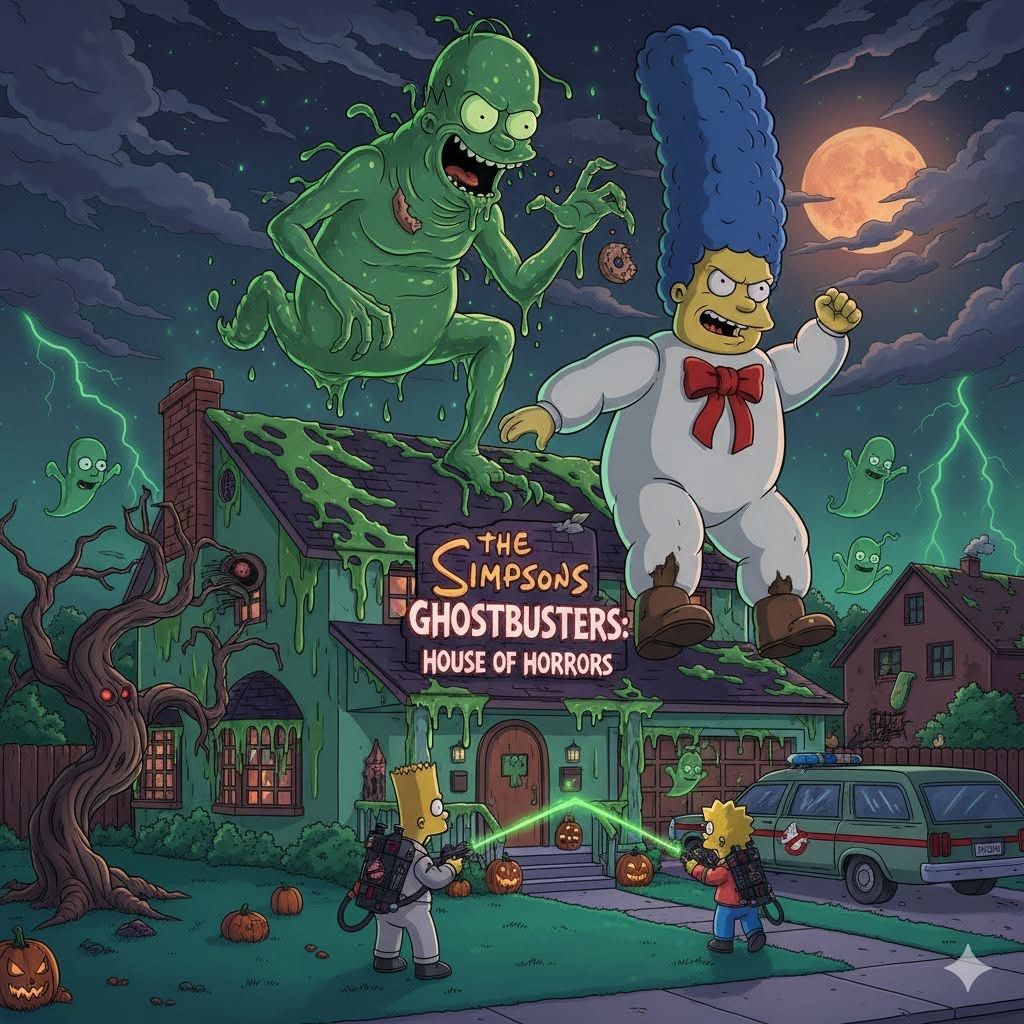 Simpsons characters as Ghostbusters with green ghost above haunted house under orange moon
