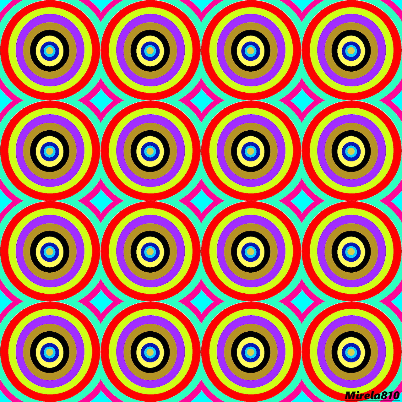 Geometric pattern of colorful concentric circles in a repeating grid layout