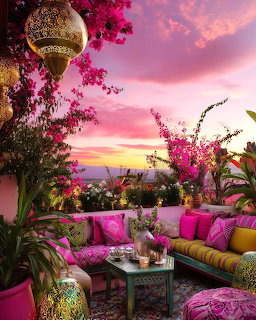 Colorful Moroccan terrace with pink cushions, lantern, and bougainvillea at sunset