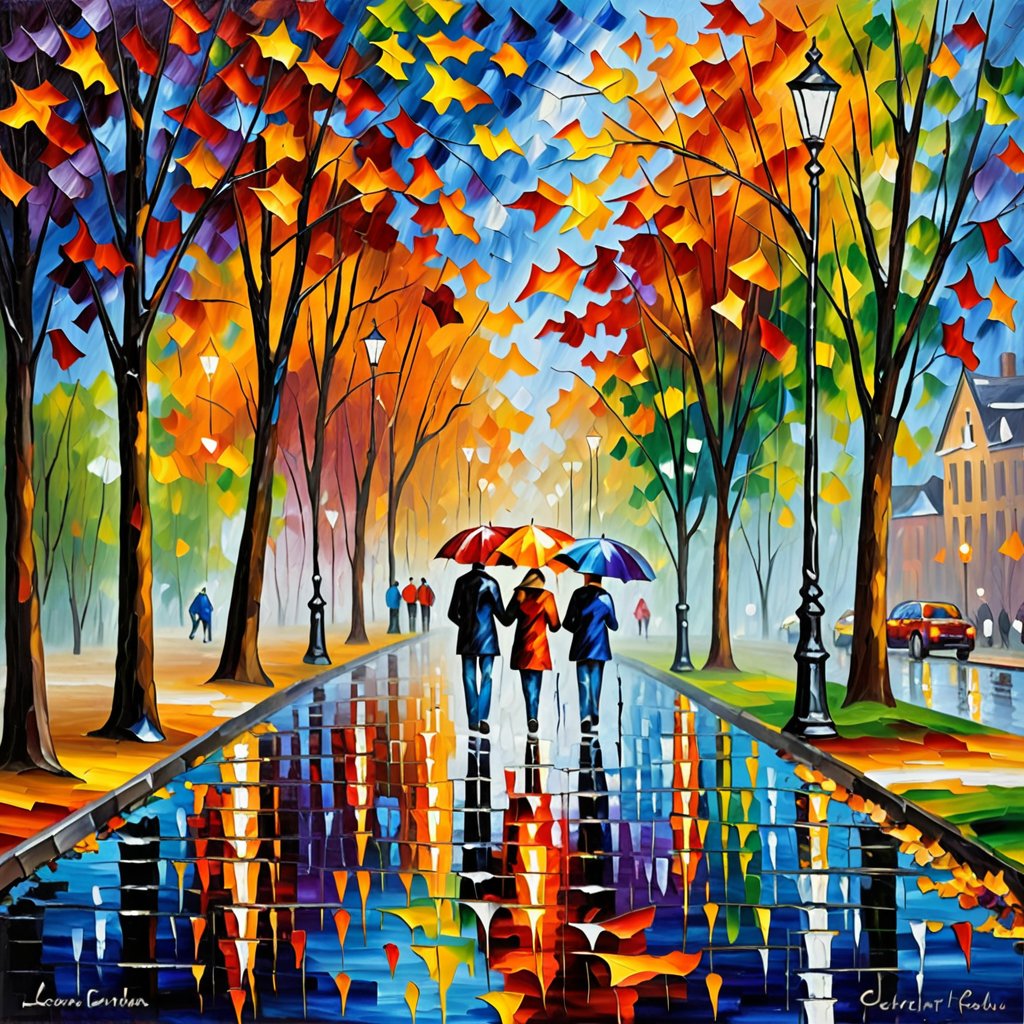 Colorful painting of couple walking with umbrellas in rainy autumn park with vivid reflections