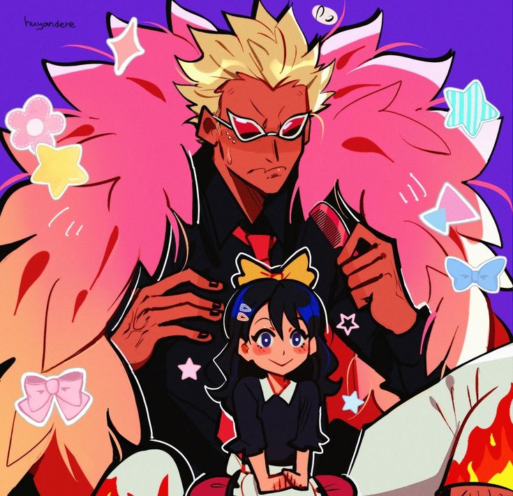 Anime art showing tall character in pink feathers with small character in front on purple background