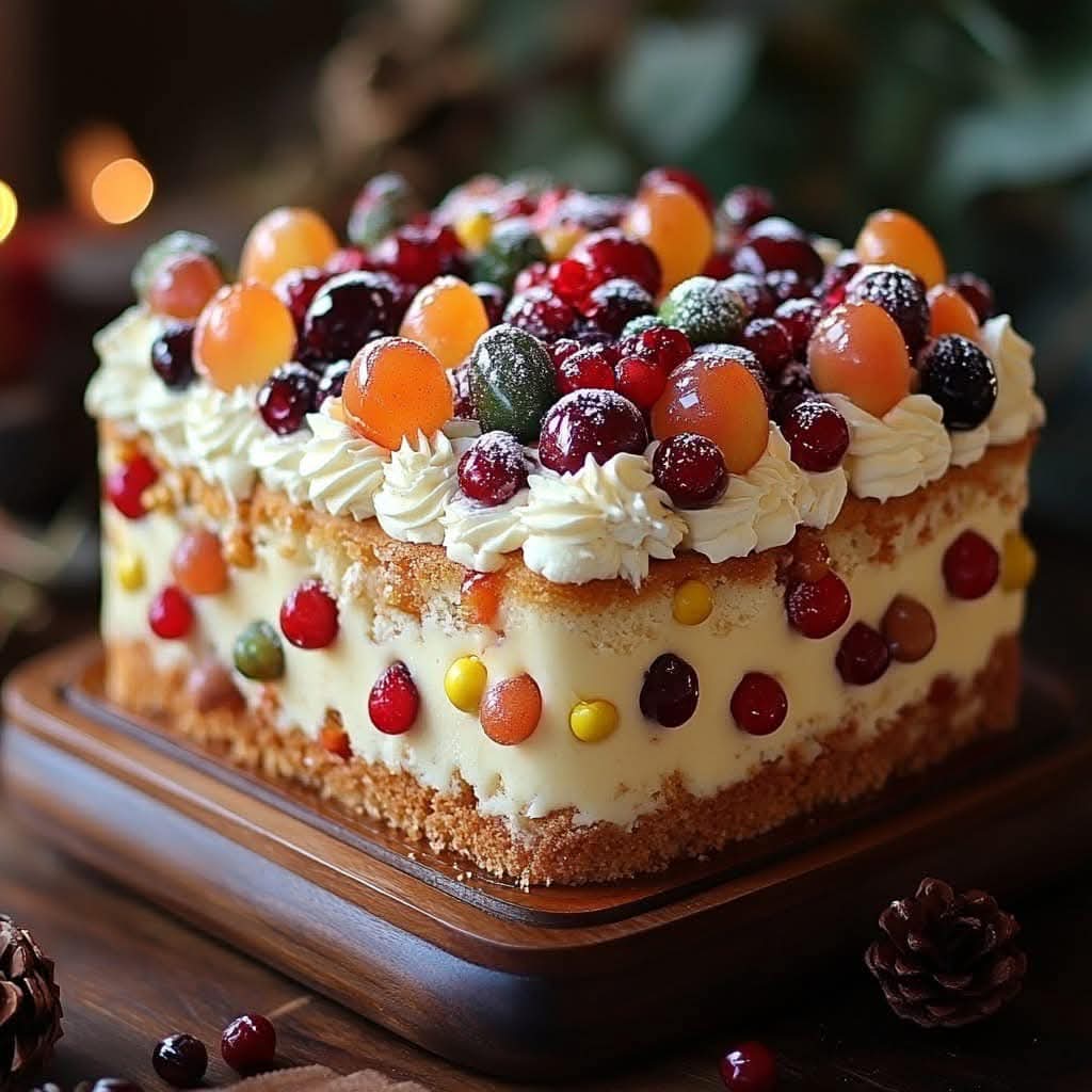 Layered cake topped with berries, cream, and assorted fruits on wooden board