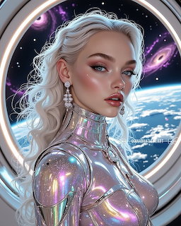 Blonde woman in reflective spacesuit inside spaceship with Earth view