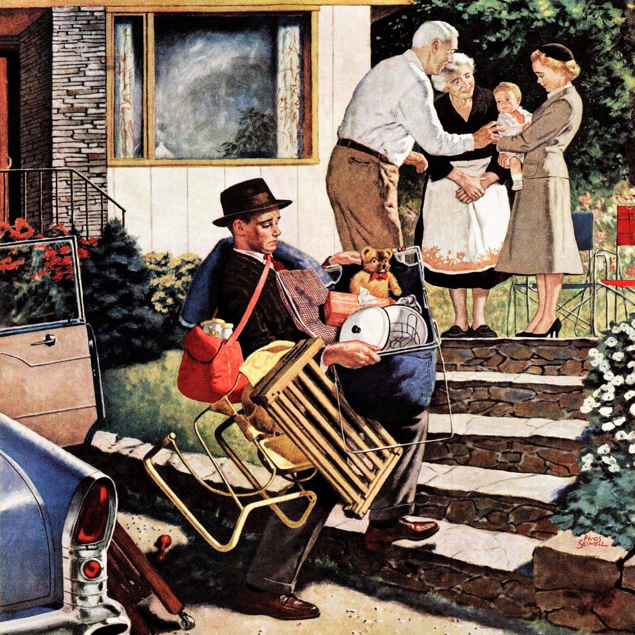 Grandparents arriving at house greeted by excited family on front porch steps, vintage 1950s illustration