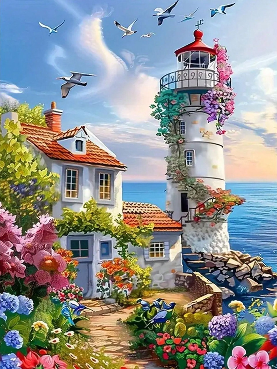 Whimsical lighthouse with red and white stripes, cottage, and abundant flower gardens by the sea