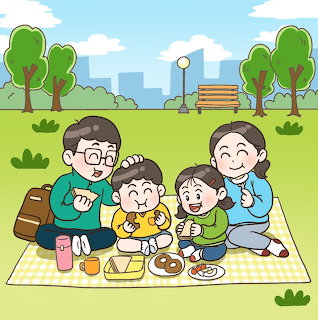 Cartoon family having picnic on blanket in park with trees and cityscape