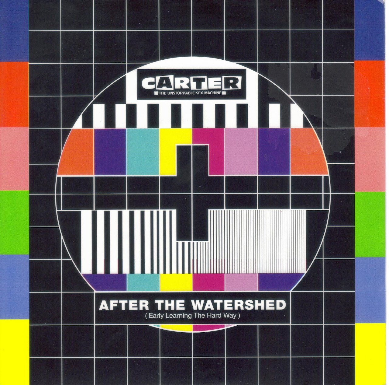Geometric album cover with a TV test card circle, Carter logo, and After The Watershed text