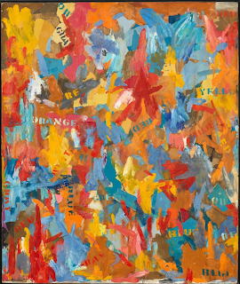Abstract painting with vibrant blue, orange, yellow and red brushstrokes in energetic composition