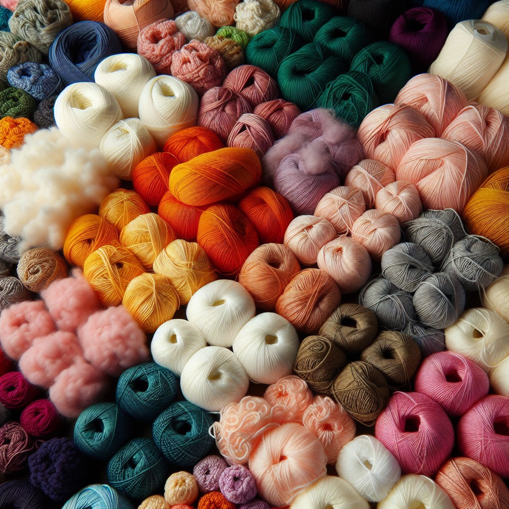 Close-up of colorful yarn skeins and wool bundles in many shades
