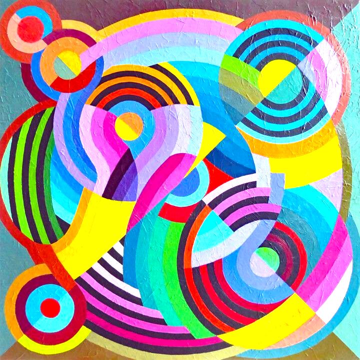 Colorful abstract painting with overlapping circles, arcs, and bright geometric shapes