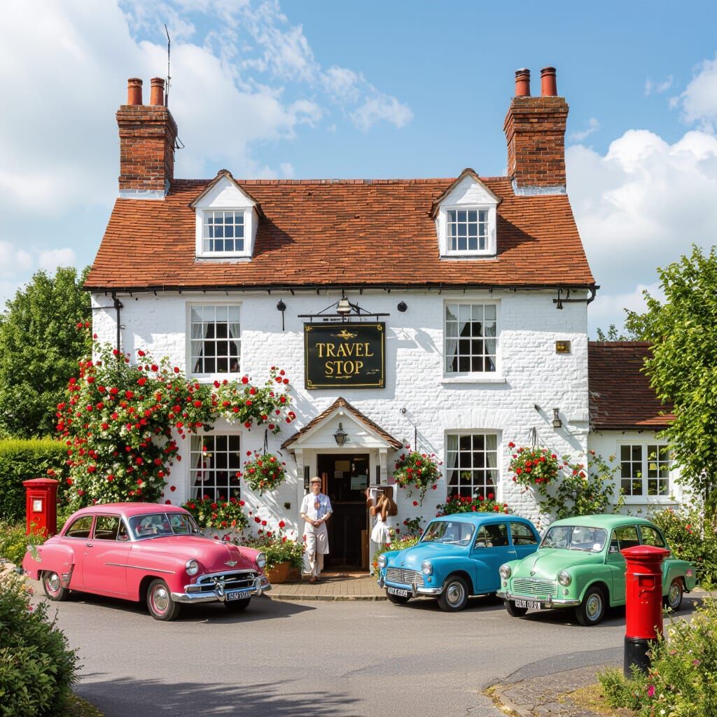 White country inn with red tile roof, hanging flower baskets, and three vintage cars parked outside