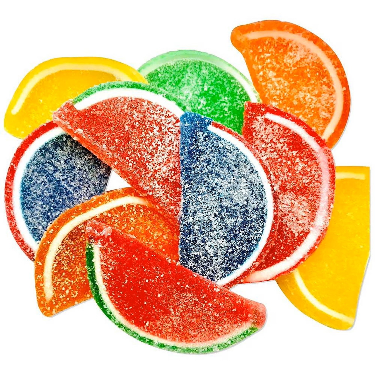 Assorted sugar-coated jelly fruit slice candies on a white background