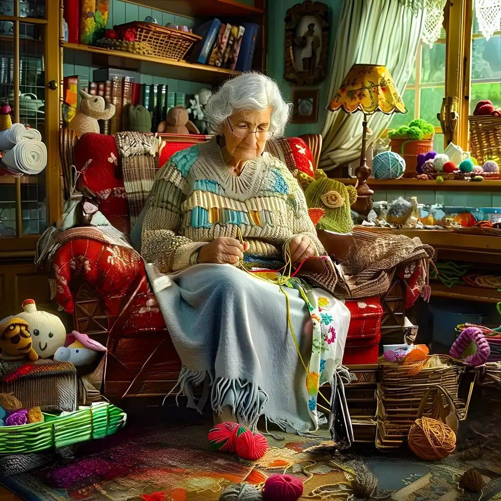 Elderly woman with white hair and glasses knitting in armchair surrounded by colorful yarn and craft supplies