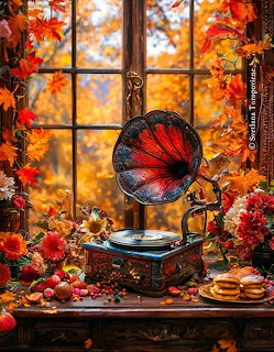 Vintage gramophone with red horn on a table by a window framed with autumn leaves and flowers