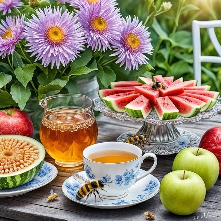 Garden table with purple flowers, watermelon, fruit, tea cup, and honey jar in natural sunlight