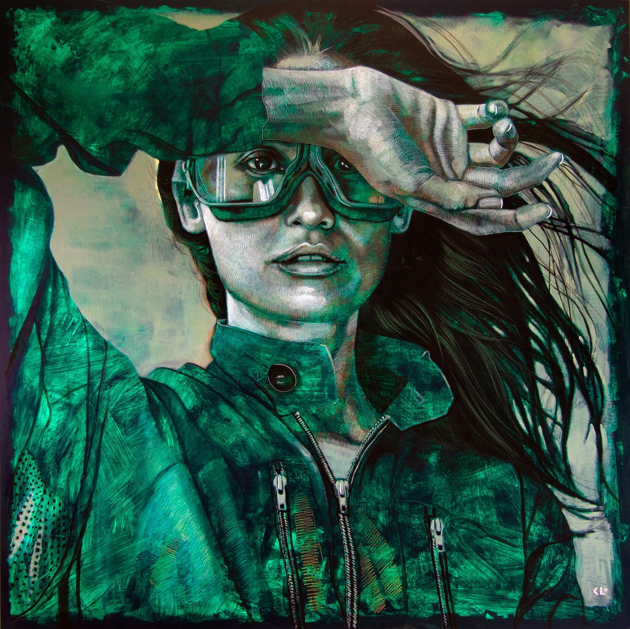 Painting of a woman wearing goggles and a green jacket with long dark hair in teal tones