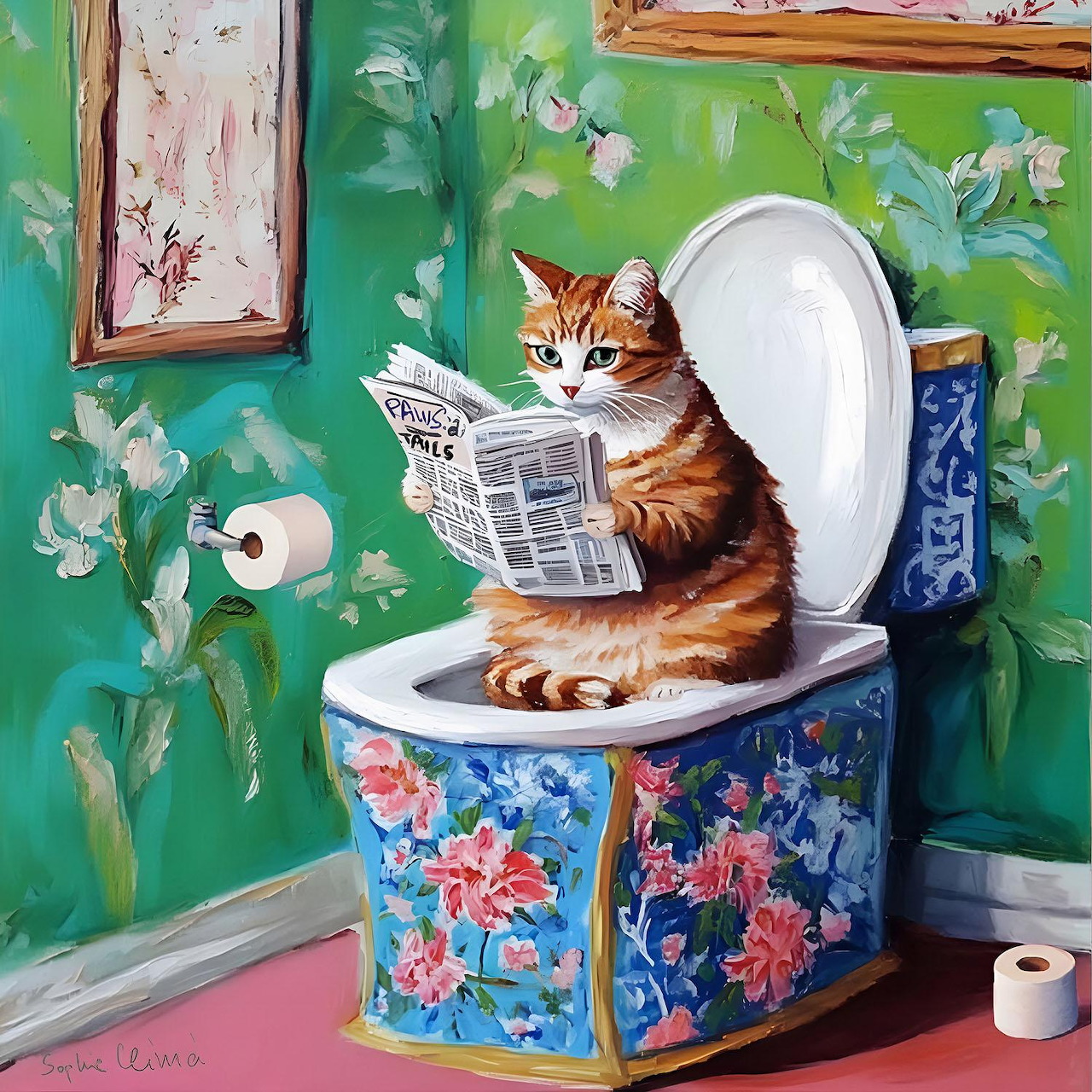 Orange tabby cat reading newspaper while sitting on blue floral toilet in green bathroom with ivy-covered walls