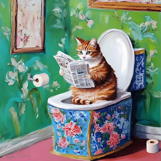 Cat Reading on Floral Toilet