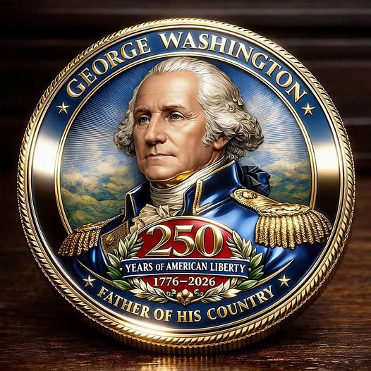 Commemorative George Washington coin with portrait, gold border, and 250 years emblem