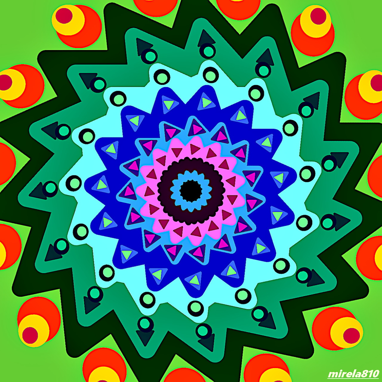 Colorful symmetrical mandala with geometric patterns in rainbow hues on green background