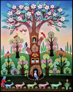 Folk art painting of a decorative tree with flowers, birds, small houses, and grazing animals in a stylized landscape